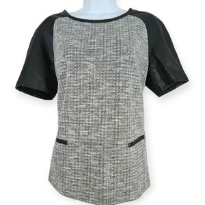 NWOT Nordstrom black & white tweed leather sleeves sweater top Womens Medium